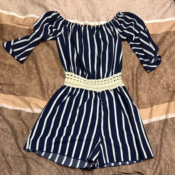 Navy and White Striped Off-Shoulder Romper - Picture 1 of 1